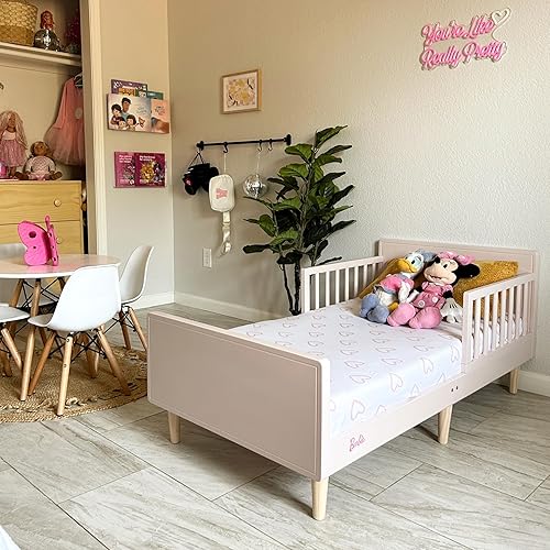 Barbie Los Altos Wooden Toddler Bed in Blush Pink, JPMA Certified with Two Wooden Safety Side Rails, Low to Floor Design, Floor Toddler Bed, Easy to Clean & Assemble - Jamouz