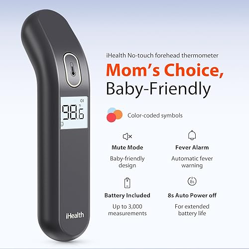 iHealth Touchless Forehead Thermometer for Adults, Babies & Kids - 1-Second Fast Reading, Color-Coded Fever Alert, FSA/HSA Eligible - Silent Mode, Digital Thermometer for Home Use - PT2L Black - Jamouz