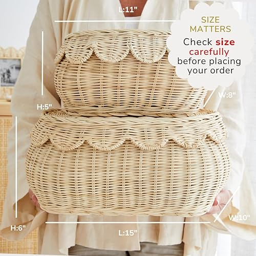 The Original Scalloped Basket Set Of 2 - Small Scallop Basket - 15 x 10 x 6 In - Hand-Woven & Award-Winning - Elegant Wicker With Scalloped Edge Lid - Nursery Storage - (Mocca) - Jamouz