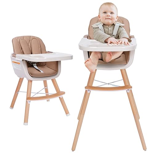 3-in-1 Convertible Wooden High Chair, High Chairs for Babies and Toddlers, Baby High Chair with Adjustable Legs & Dishwasher Safe Tray, Made of Sleek Hardwood & Premium Leatherette, Beige Color - Jamouz
