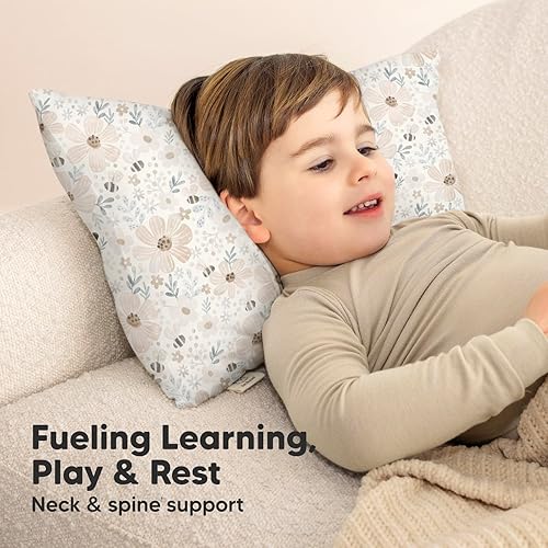 Toddler Pillow with Pillowcase - 13x18 My Little Cuddly Pillow, Viscose Derived From Bamboo Nursery Toddler Pillows for Sleeping,Kids Pillow,Small Travel Pillows,Mini Toddler Bed Pillow (Meadow) - Jamouz