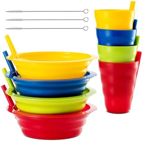 Cereal Bowls with Straws & Kids Straw Cups - Set of 4 Kids Plastic Bowls with Straws & 4 Straw Cups for Kids BPA Free Dishwasher Safe Kids Bowls with Built-In Straw Include 3 Cleaning Brushes - Jamouz