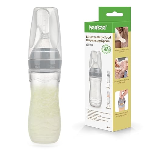Haakaa Silicone Baby Food Dispensing Spoon Feeder 4oz - Infant Squeeze Cereal Feeder, Baby Fresh Food Feeder, Feed Bottle for Puree, Solid Baby Food, BPA Free, 4m+ Babies – Grey - Jamouz