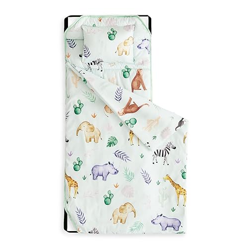 Wake In Cloud - Cot Nap Mat with Pillow and Blanket, for Toddler Kids Boys Girls in Daycare Kindergarten Preschool Pre K with Elastic Corner Straps, Cartoon Animals Trees, Light Green - Jamouz