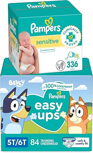 Pampers Easy Ups Bluey Pull On Training Pants Boys and Girls, 4T-5T, 104 Count with Sensitive Water Based Baby Wipes 4X Pop-Top Packs (336 Count) - Jamouz