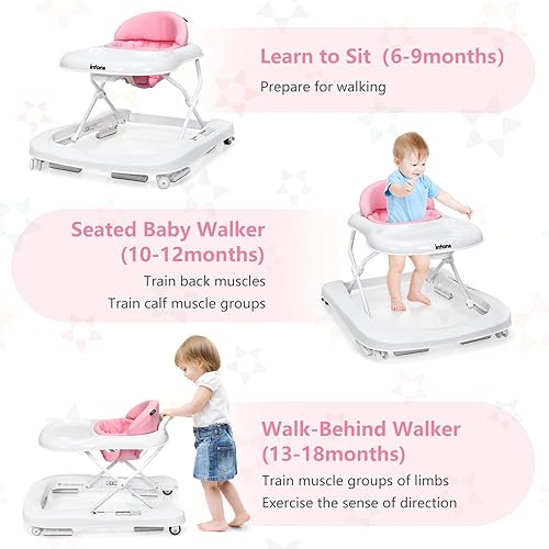 INFANS Foldable Baby Walker, 3 in 1 Toddler Walker Learning-Seated Walk-Behind for Boys and Girls, Adjustable Speed Rear Wheels, Safety Bumper, Detachable Seat Cover, Anti-Rollover (Pink) - Jamouz