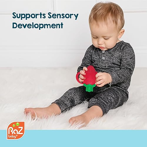 RaZbaby Baby Solids/Frozen Fruit Feeder Pacifier, Infant Teether Toy 6M+, BPA-Free Silicone Pouch & Nipple, Safely Introduce Solids, Teething Relief, Dishwasher Safe, 2-Pack – Orange/Blue + Green/Blue - Jamouz