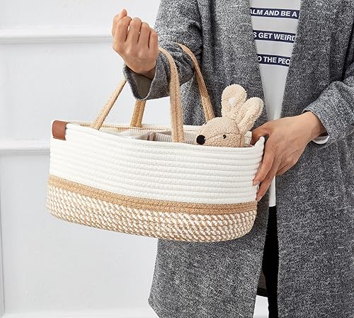 DECOMOMO Diaper Caddy Organizer, Nappy Caddy, Woven Baby Basket (Spiral Beige & White, Large) - Jamouz