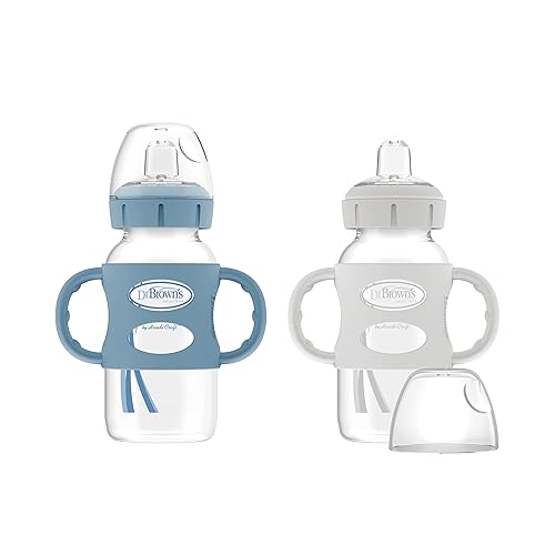 Dr. Brown's Milestones Wide-Neck Sippy Spout Bottle with 100% Silicone Handles, Easy-Grip Handles with Soft Sippy Spout, 9oz/270mL, Green & Gray, 2-Pack, 6m+ - Jamouz