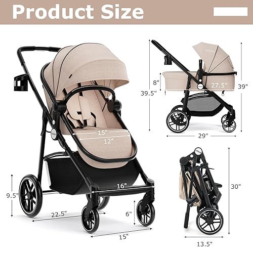 INFANS 2 in 1 Baby Stroller, High Landscape Infant Stroller & Reversible Bassinet Pram, Foldable Pushchair with Adjustable Canopy, Cup Holder, Storage Basket, Suspension Wheels (Grey) - Jamouz