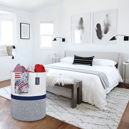 COMSE Extra Large Blanket Basket, High Storage Basket, Tall Rope Laundry Basket, 15.7”x 21.7”, Cotton Rope Basket, XXXL Laundry Basket, Toy Basket, Clothes Baskets,White/Cadet Blue/Navy Blue - Jamouz