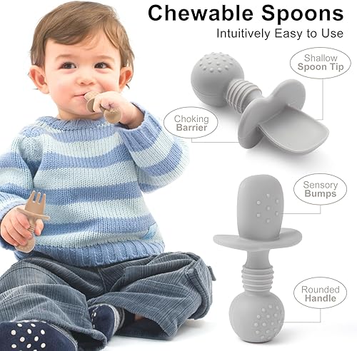 Silicone Feeding Set, 2 Pack Divided Toddler Plates with Suction, 2 Pack Utensils - Spoons & Forks, BPA Free, Baby Led Weaning Supplies - Jamouz