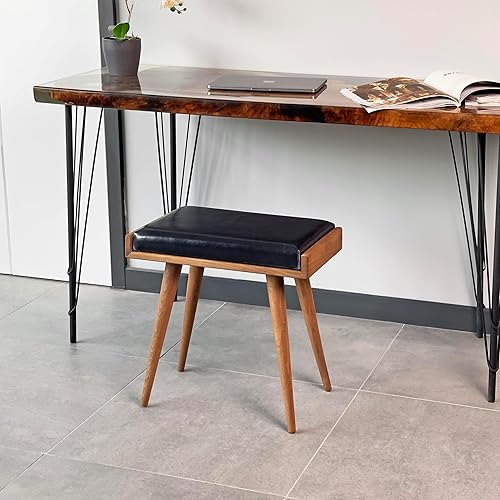 Walnut Ottoman Stool for Living Room | Upholstered in Crowbar Pattern Fabric | Versatile as a Piano Bench | Ideal Bedroom Bench | Functional Footstool Bench - Jamouz