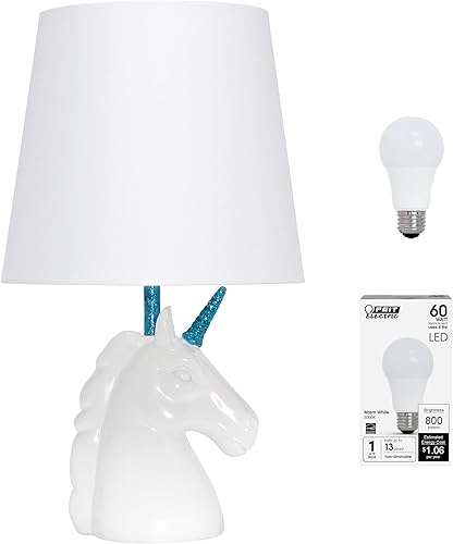 Simple Designs LT1078-PNK-LB 15.5' Sparking Glitter Unicorn Table Lamp for Kids Room, Nursery, Living Room, Bedroom, Playroom, Foyer, White with Pink Glitter, with Feit LED Bulb Included - Jamouz