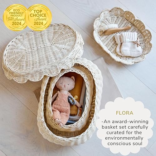 The Original Scalloped Basket Set Of 2 - Small Scallop Basket - 15 x 10 x 6 In - Hand-Woven & Award-Winning - Elegant Wicker With Scalloped Edge Lid - Nursery Storage - (Mocca) - Jamouz