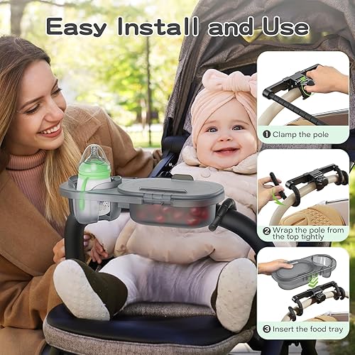 3-in-1 Universal Stroller Snack Tray Attachment with Dust Cover Sturdy Stroller Cup & Snack & Phone Holder Hook and Silicone Arms Grip Design Baby Travel Gear Accessories Detachable Dishwasher-Safe - Jamouz