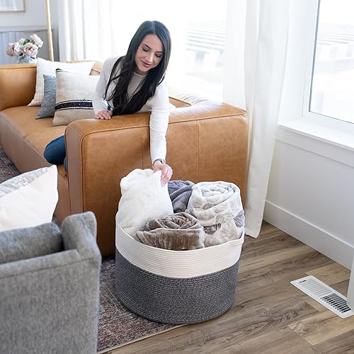 Little Hippo XXXL Large Cotton Rope Basket (22'x14') 100% Natural Cotton! Rope Basket, Woven Storage Basket, Large Basket, Blanket Basket Living Room, Toy Basket, Pillow Basket (White & Brown) - Jamouz