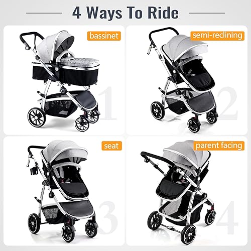 Baby Stroller, 2-in-1 Reversible Stroller with Bassinet Mode, Foldable Infant Stroller with Canopy, One Button Brake, Adjustable Handle, Newborn Stroller (Gray) - Jamouz