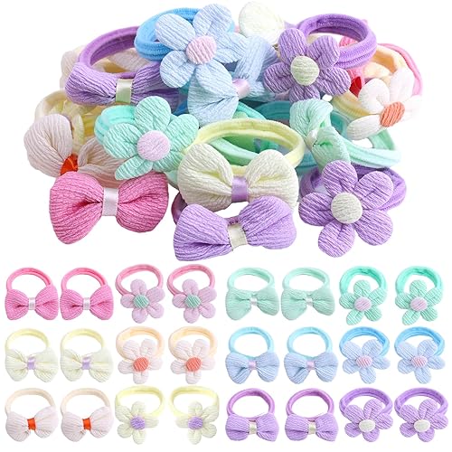 24 Pcs Toddler Hair Ties for Girls, Baby Hair Tie Cute Flower Elastic Scrunchies, Seamless Ponytail Holders, Little Girls Hair Accessories for Thick Hair, Pink, Purple, Blue - Jamouz