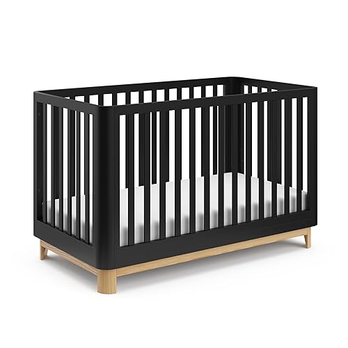Storkcraft Santos 3-in-1 Convertible Crib (White with Natural) – GREENGUARD Gold Certified, Fits Standard Crib Mattress, Converts to Toddler Bed, Modern Style, Rounded Designer Details - Jamouz