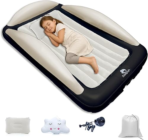 Sleepah Inflatable Toddler Travel Bed Portable Kids Air Mattress Set w Safety Rail Guards for Kids & Toddlers – Includes Pump, Carry Case, Pillow & More - Perfect Transitional Cot Coral - Jamouz