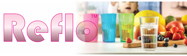 Reflo logo and products with child and healthy fruit snacks