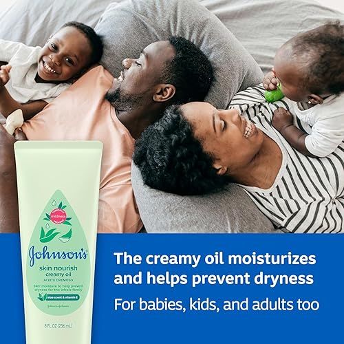 Johnson's Skin Nourish Creamy Oil, Aloe Scent & Vitamin E, Creamy Oil Helps Prevent Dryness & Moisturizes Baby's Delicate Skin for 24 Hours, Hypoallergenic & Non-Greasy, 8 fl. oz - Jamouz