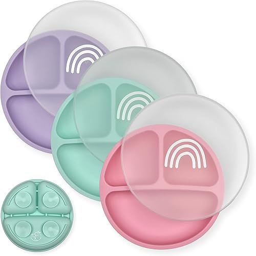 Hippypotamus Toddler Plates with Suction - 100% Food-Grade Silicone Baby Plates - Microwave & Dishwasher Safe - BPA Free - Set of 3 (Sage/Blush/Nude) - Jamouz
