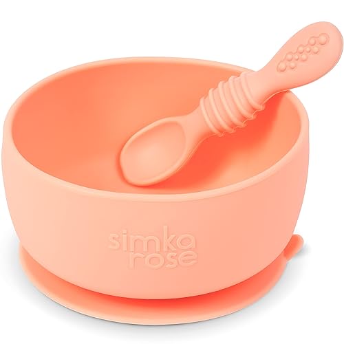 Simka Rose Baby Bowl and Spoon Set, Baby Bowls Suction for Toddler, BPA-Free Silicone Bowls Baby, Baby Bowl and Spoon Dishwasher and Microwave Safe Baby Feeding Supplies (Peach) - Jamouz