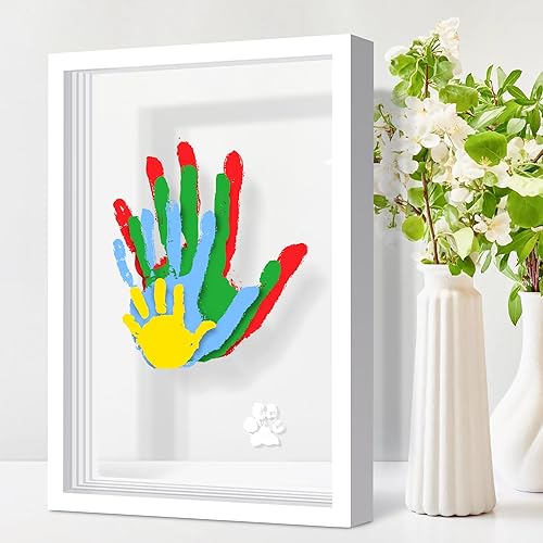 Family Handprint Kit, DIY Craft Keepsake Frame, Baby Hand Print Kits, Family Gifts for New Mom, New Parents, Grandparents, Father's Day, Mother's Day, Anniversary, 6 Non -Toxic Paints (White) - Jamouz