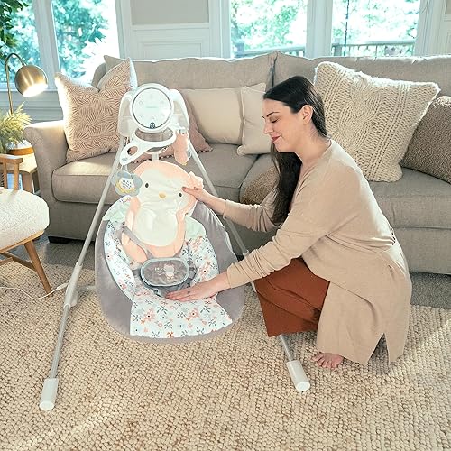 Ingenuity InLighten 5-Speed Baby Swing - Swivel Infant Seat, 5 Point Safety Harness, Nature Sounds, Lights - Nally Owl - Jamouz