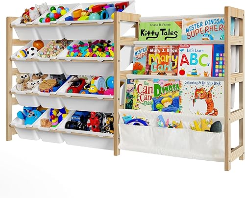 Large Toy Storage Organizer with 12 Toy Bins, Toy Organizers and Storage with 4 Tier Bookshelf for Kids Room, Playroom, Nursery Room - Jamouz