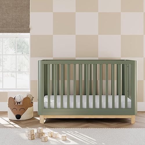 Storkcraft Santos 3-in-1 Convertible Crib (White with Natural) – GREENGUARD Gold Certified, Fits Standard Crib Mattress, Converts to Toddler Bed, Modern Style, Rounded Designer Details - Jamouz