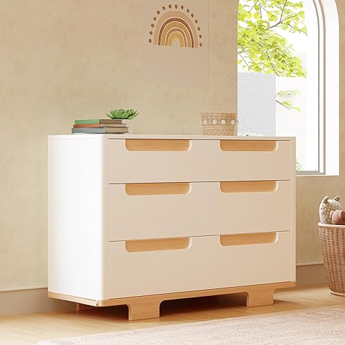 babyletto Yuzu 6-Drawer Dresser in White and Natural, Greenguard Gold Certified - Jamouz