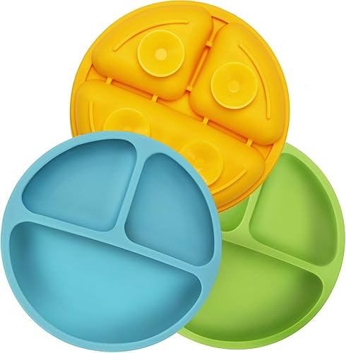 PandaEar Divided Unbreakable Silicone Baby and Toddler Plates - 3 Pack - Non-Slip - Dishwasher and Microwave Safe - Silicone (Blue Green Brown) - Jamouz