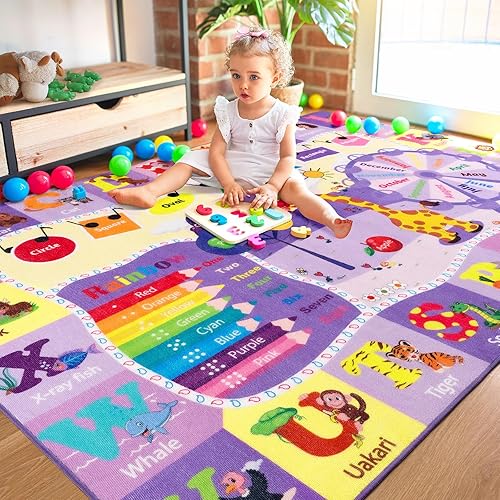 Large Playroom Rug Daycare Kids Rug 7x10,Educational and Fun Nursery Rug with ABC Alphabet Animals Classroom Rug Washable Kids Play Mat Baby Toddler Children Girls Rugs for Bedroom,Beige - Jamouz
