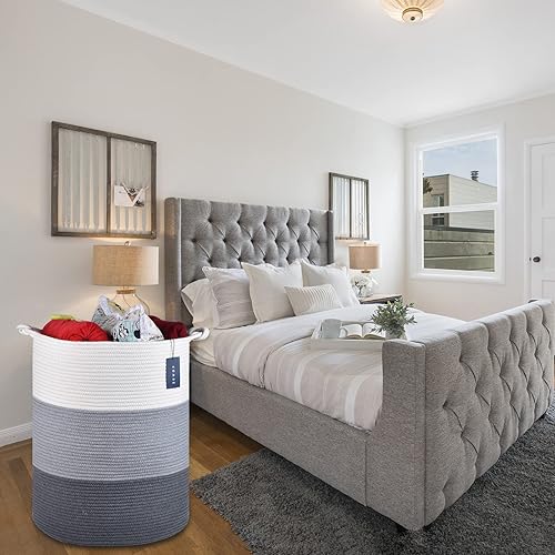 COMSE Extra Large Blanket Basket, High Storage Basket, Tall Rope Laundry Basket, 15.7”x 21.7”, Cotton Rope Basket, XXXL Laundry Basket, Toy Basket, Clothes Baskets,White/Cadet Blue/Navy Blue - Jamouz