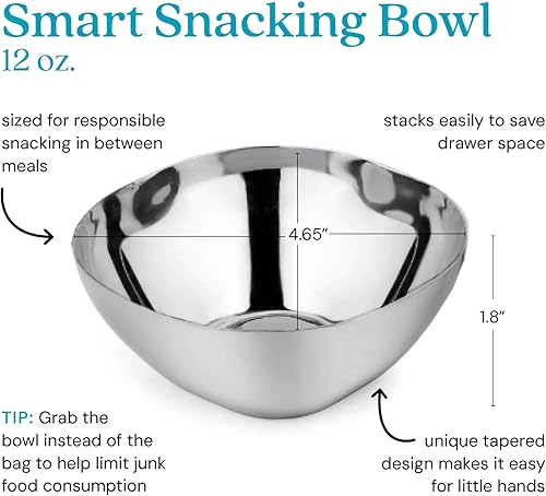 Ahimsa Stainless Steel Bowls for Kids - Pediatrician Designed, 12oz Toddler Bowl, Non Toxic Stainless Steel Snack Bowls Set, Non Plastic Kids Bowl, Dishwasher Safe (Set of 4 Classic) - Jamouz