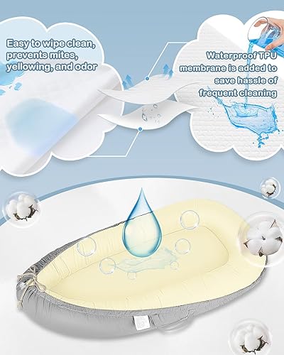 Baby Lounger - Infant Lounger for Newborn 0-24 Months, Waterproof Inner Cover and Pure Cotton Breathable Baby Nest Cover, Newborn Essentials for Baby Boys&Girls, Portable Baby Bed for Home and Travel - Jamouz