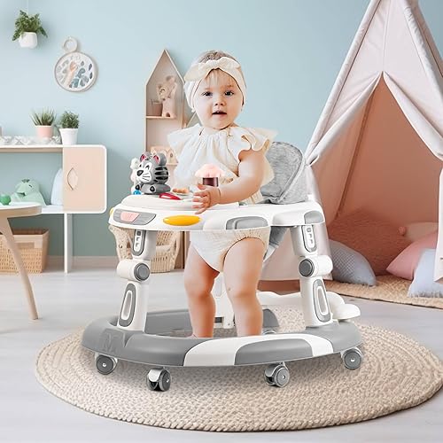 Baby Walker, 4-in-1 Foldable Baby Walkers and Baby Activity Center with Toys Tray,3-Gear Height Adjustable Infant Toddler Baby Walker with Wheels for Baby Boys and Girls 6-24 Months(Blue) - Jamouz