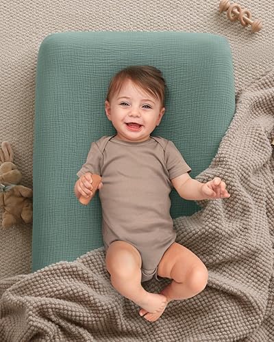 Blissful Diary Muslin Changing Pad Cover for Girls Boys, Ultra Soft Breathable Cotton, Baby Diaper Change Table Pad Covers, 2Pack (Roman Green&Leaf) - Jamouz