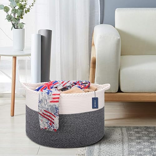 COMSE Extra Large Blanket Basket, Storage Basket, Laundry Basket, 21.7”x 13.8”, Laundry Hamper, Cotton Rope Basket, Blanket Basket Living Room, Toy Basket (White & Cadet Blue & Navy Blue) - Jamouz