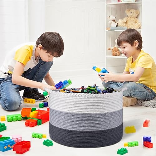 COMSE Extra Large Blanket Basket, Storage Basket, Laundry Basket, 21.7”x 13.8”, Laundry Hamper, Cotton Rope Basket, Blanket Basket Living Room, Toy Basket (White & Cadet Blue & Navy Blue) - Jamouz