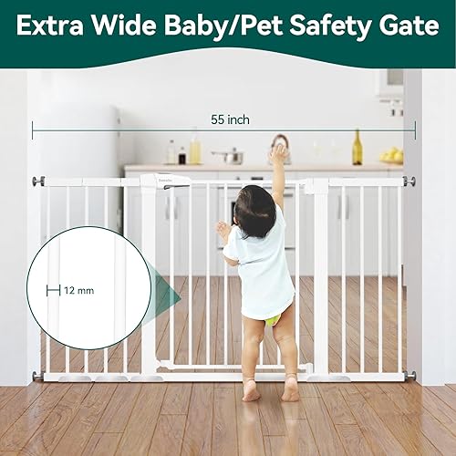 BABELIO 29-55 Inch Extra Wide Baby/Dog Gate, Metal Auto Close, Pressure Mounted Pet Door for Doorways, NO Need Tools and Drilling, with Wall Cups, White - Jamouz