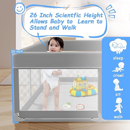 Baby Playpen with Mat 74x50 inch, Playpen for Babies and Toddlers, Baby Play Pen Design with External Zipper Gate, Baby Play Yard with Non-Slip Suction Cups on The Bottom, Baby Fence, Grey - Jamouz