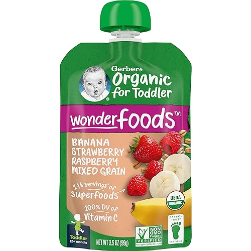 Gerber Organic Baby Food Pouches, Toddler, Banana Raspberry Yogurt Vanilla, 3.5 Ounce (Pack of 12) - Jamouz