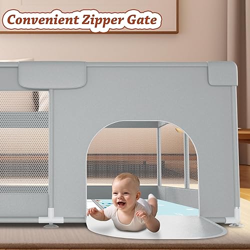 Baby Playpen with Mat 74x50 inch, Playpen for Babies and Toddlers, Baby Play Pen Design with External Zipper Gate, Baby Play Yard with Non-Slip Suction Cups on The Bottom, Baby Fence, Grey - Jamouz