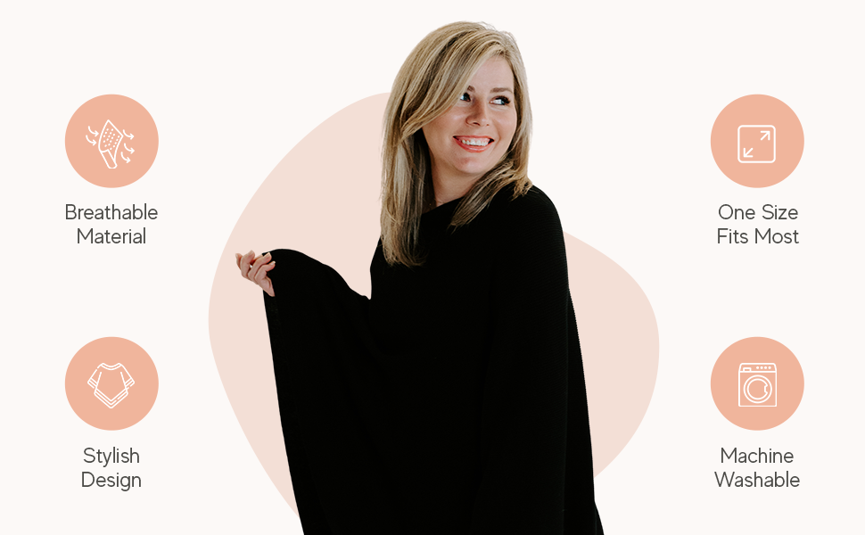 Black nursing cover. Machine washable, one size fits most. 