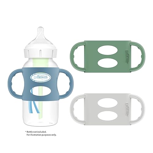 Dr. Brown's Milestones 100% Silicone Baby Bottle Handles, Wide-Neck, Removable Easy-Grip Transitional Sippy Cup Handles, Light Blue, Green, Gray, 4m+, 3 Pack - Jamouz