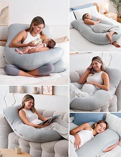 Momcozy Pregnancy Pillows for Sleeping, U Shaped Full Body Maternity Pillow with Removable Cover - Support for Back, Legs, Belly, HIPS for Pregnant Women, 57 Inch Pregnancy Pillow for Women, Grey - Jamouz